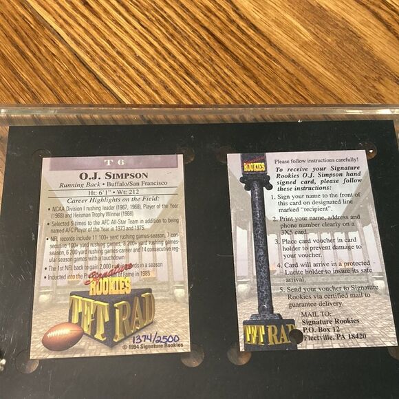 O.J. Simpson Historic Memorabilia - Authentic Autographed Card. #1374 of 2500 - Picture 2 of 4